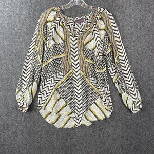 Hale Bob Womens Silk Sheer Abstract Print Blouse Yellow White Black Size XS EUC